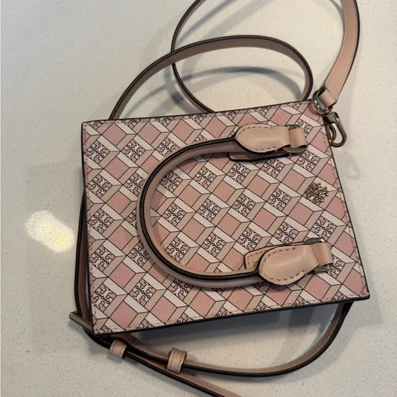 Pink Patterned Mini Tote Crossbody Bag - Designer Logo Accent - Picture 3 of 8